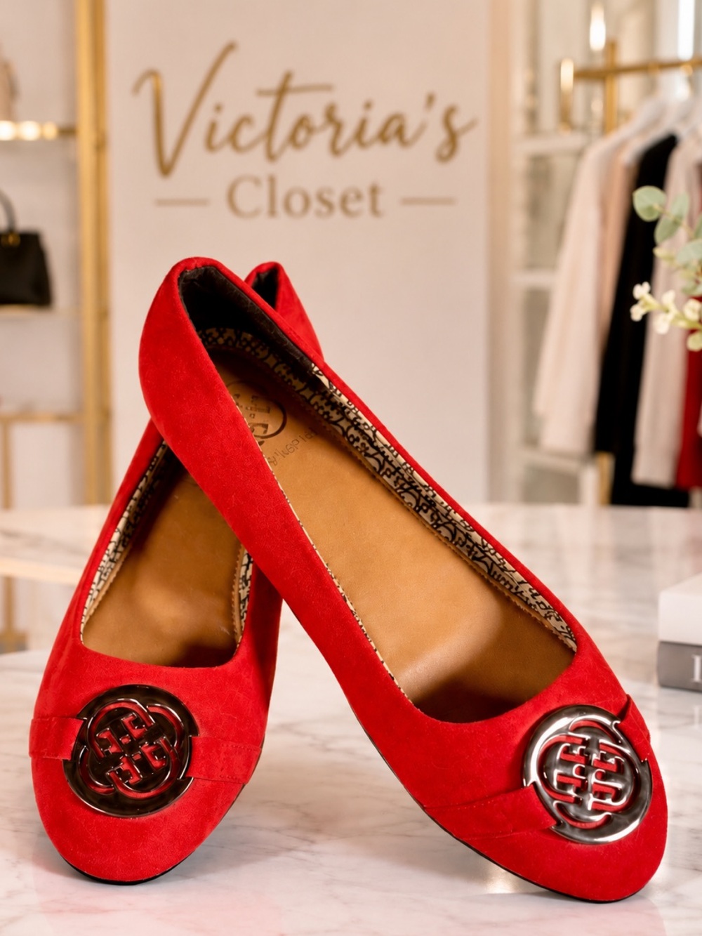 Daisy Fuentes Bright Red Suede Ballet Flats with Round Metal Emblem